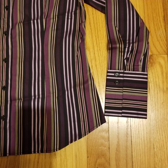 New York & Co. Stretch L/S V-Neck Button Up Striped Shirt Purple Womens Sz Large - Picture 10 of 10